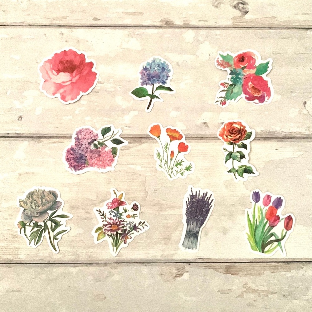 Flower Stickers Bundle Set of 10 Roses Tulips Floral Waterproof Sticker Lot NEW